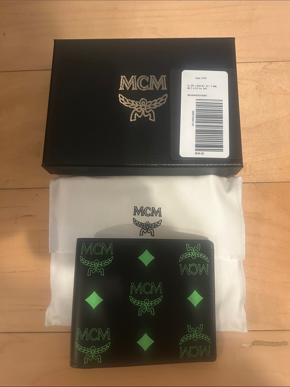MCM Black Leather Money Clip with Green Logo Print